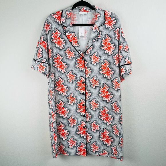 Topshop Oversized Button Front Mini Shirt Dress Orange Black Floral Linen 6 NWT - Picture 13 of 14